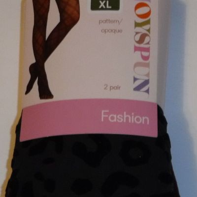 Joyspun Women's Purple Opaque & Black Flocked Leopard 2 Pack Tights Size XL